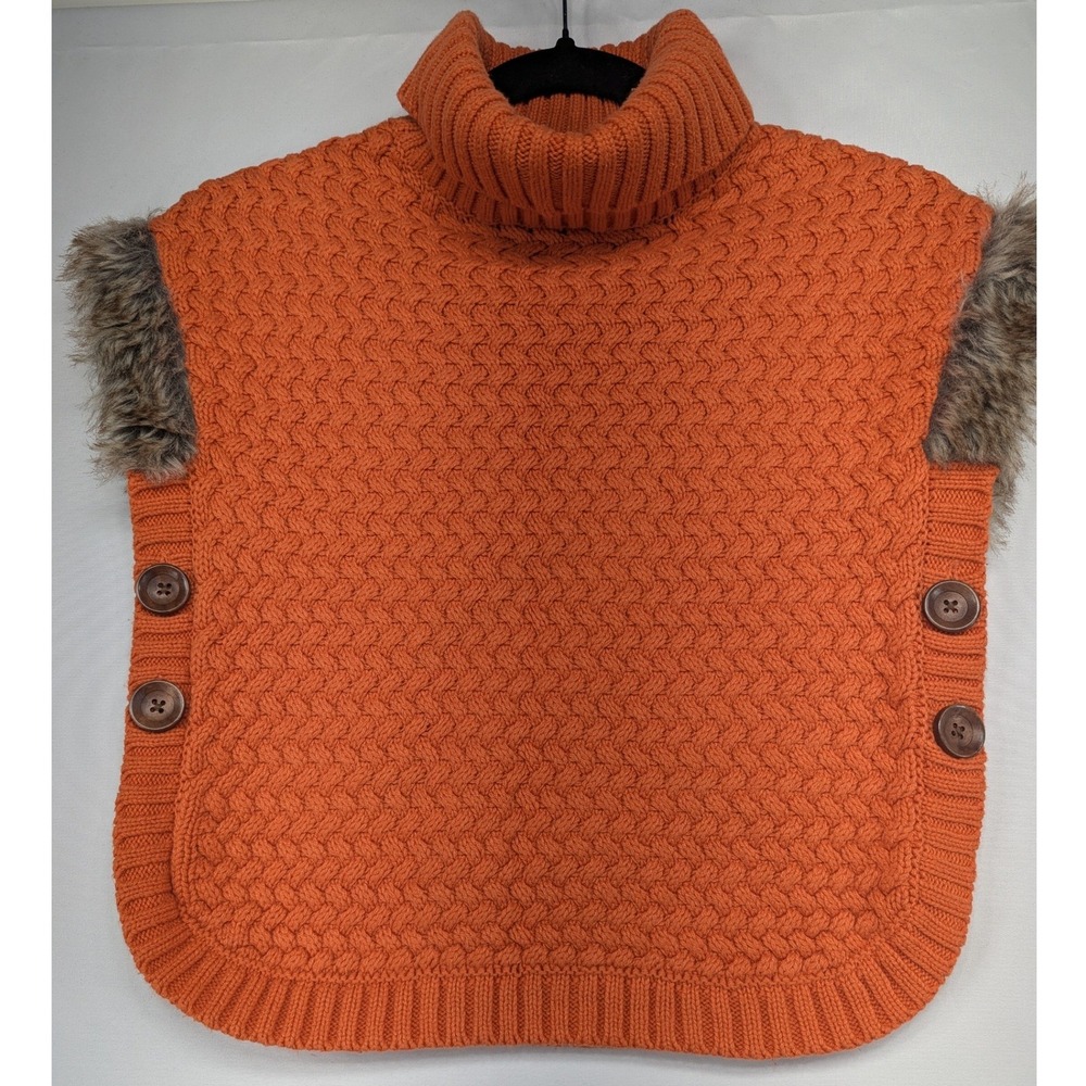 ASPEN kids Orange Cable Knit Faux Fur Trim Turtleneck Poncho Sweater Girls M 7/8